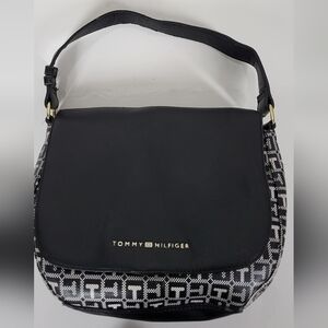 Tommy Hilfiger Black Shoulder Bag with Signature Jacquard Sides
